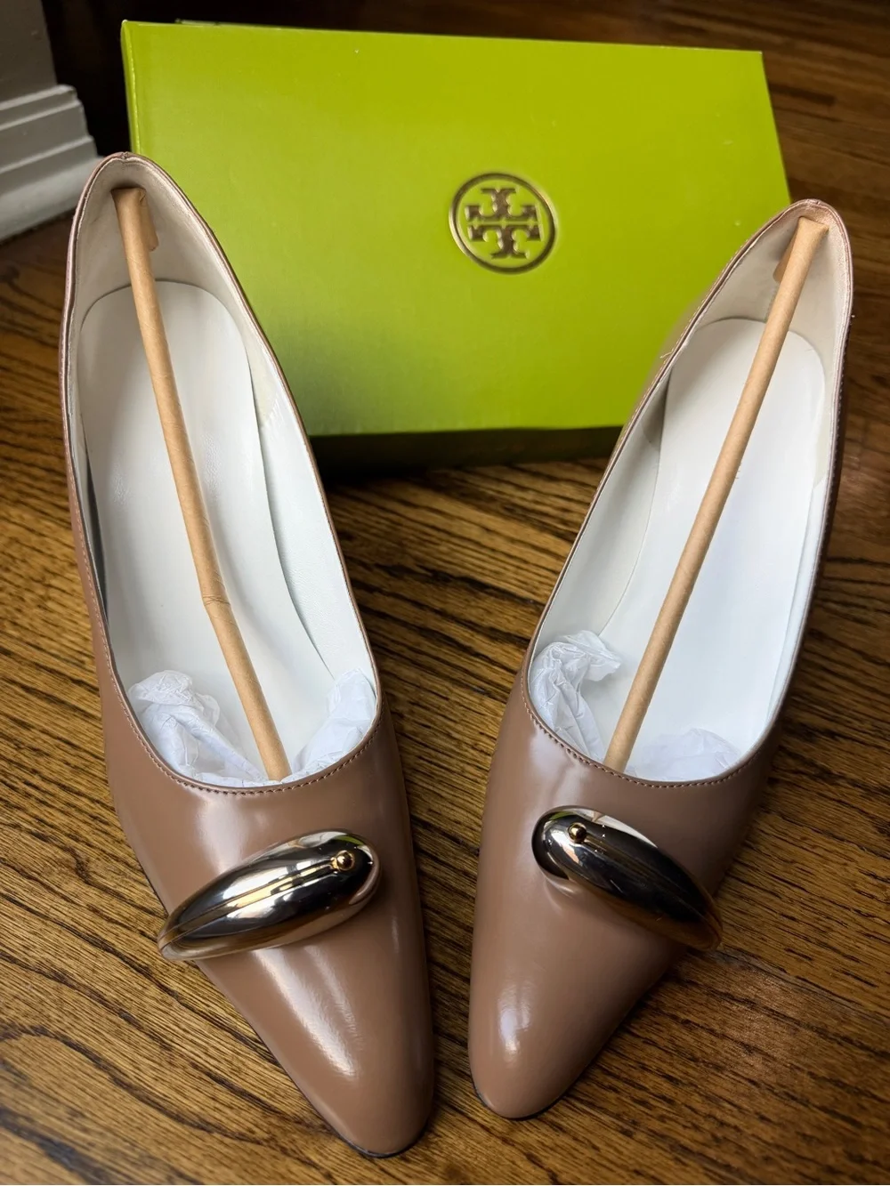 Tory Burch Pierced Pump Tan Leather Block Heel Pumps with Metallic Accent.